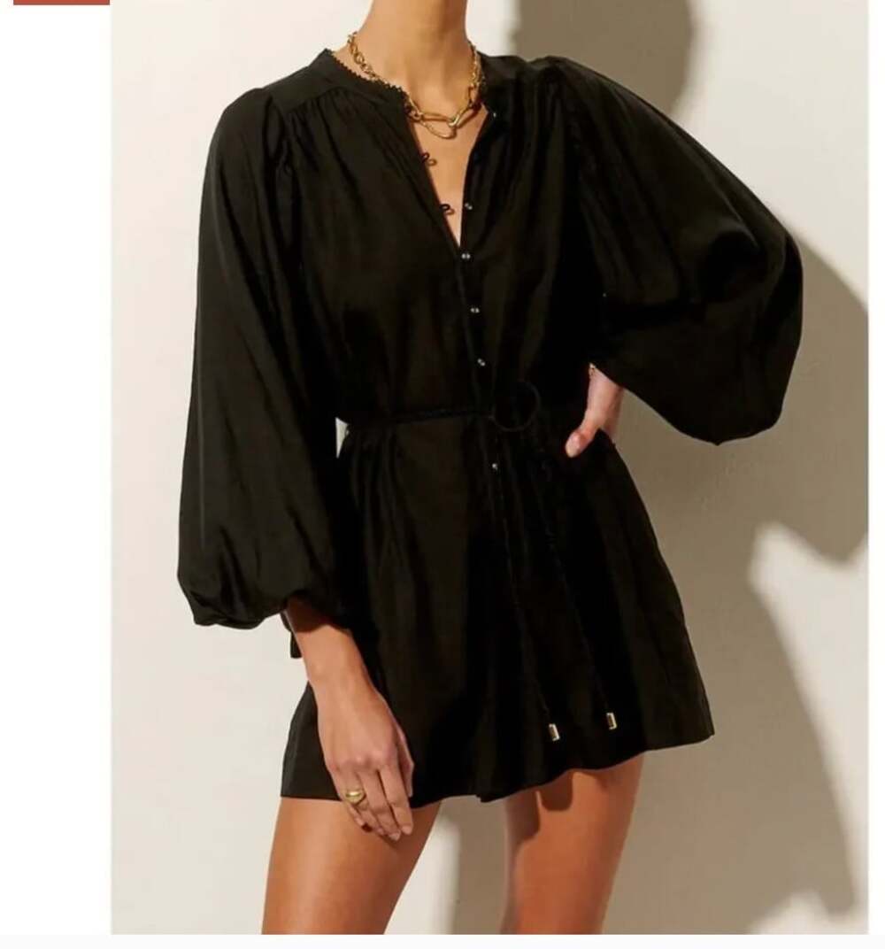 Kivari Raquelle Romper Womens 4 Black Button Front Long Puff Sleeve Boho